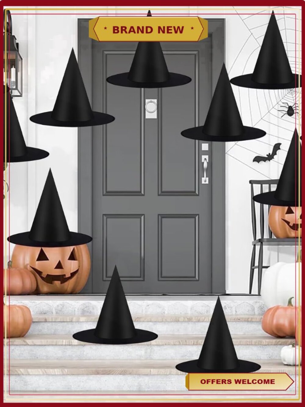 12 Pcs Witch Hats Halloween Decorations Hanging Black Wizard Hats with Rope
